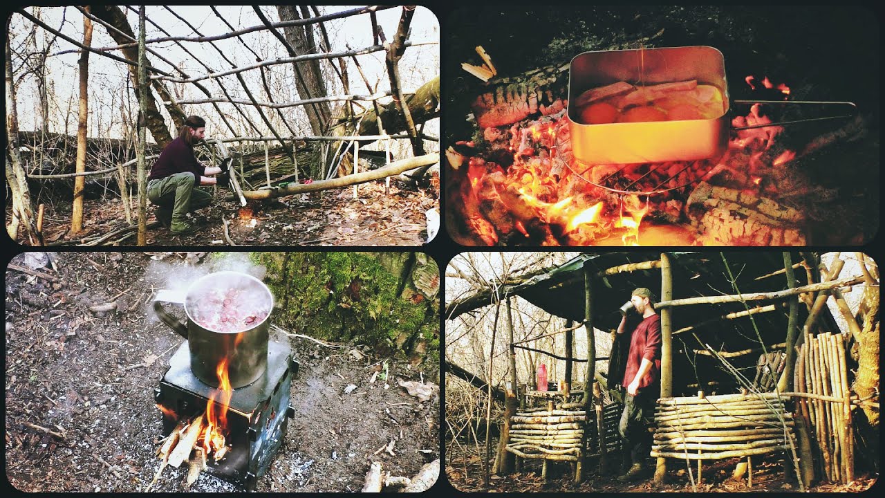 Building a Bushcraft Hut. Camping with My Dog. Forest Furniture. Строю хижину в лесу.