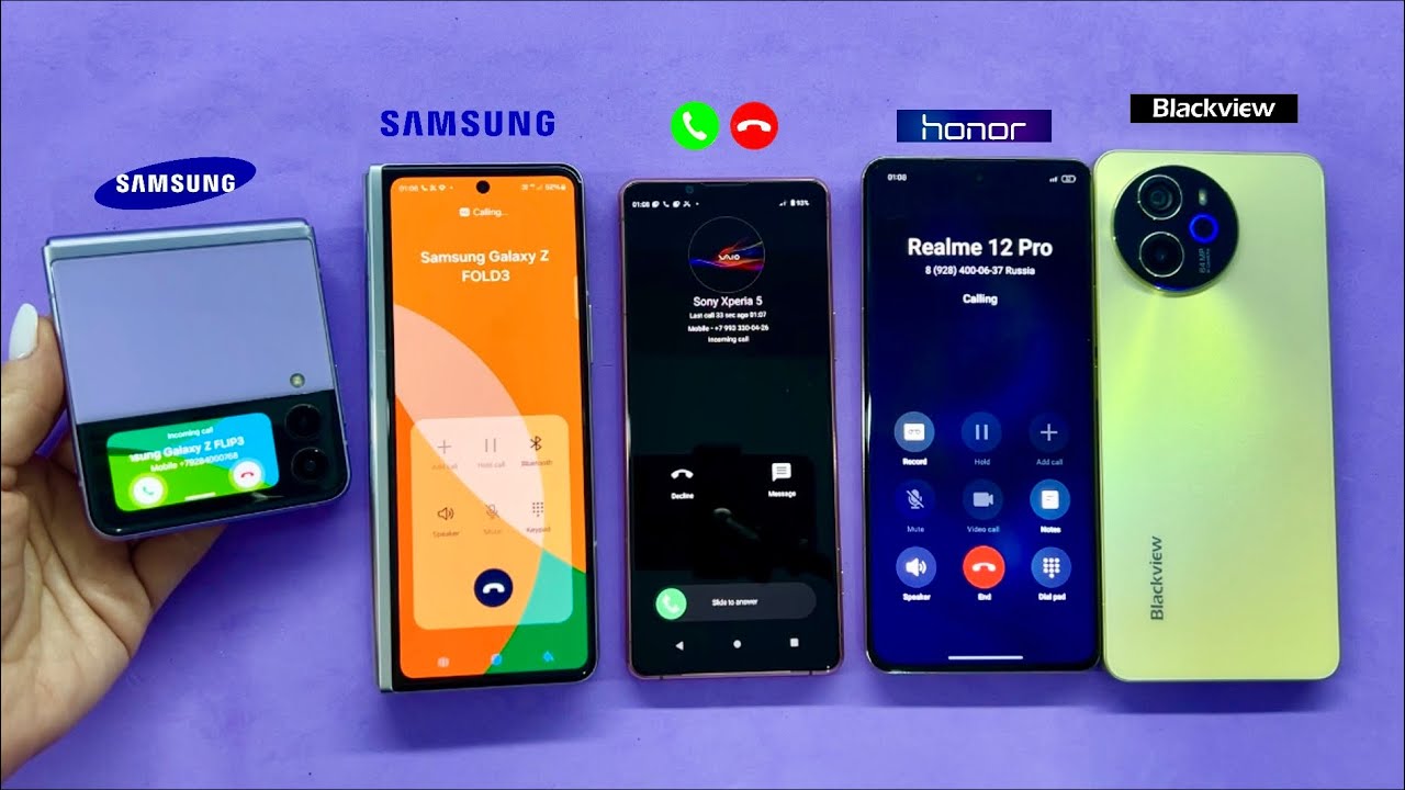 Outgoing Call + Incoming Call on smartphones Samsung Z Flip 3+Samsung Z Fold 3+Sony 5+Realme 12Pro