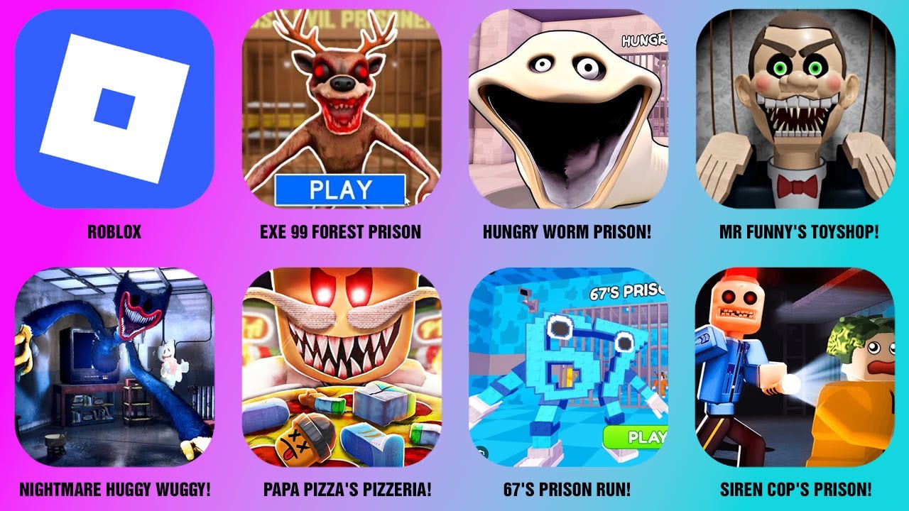 HUNGRY WORM PRISON, PAPA PIZZA'S PIZZERIA, NIGHTMARE HUGGY WUGGY, MR FUNNY'S TOYSHOP, EXE 99 FOREST