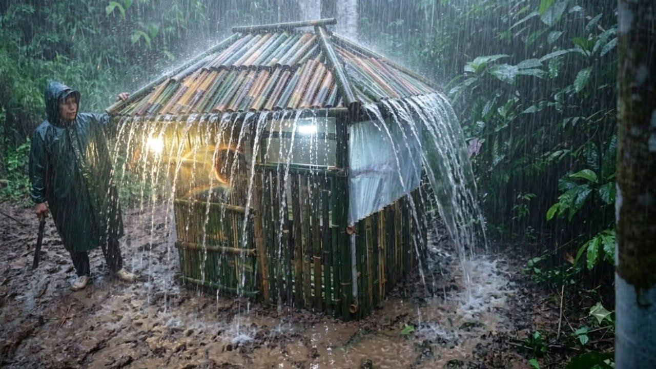 Camping in Heavy Rain Thunderstorm  Waterproof Bamboo Hut Test in Tropical Rainstorm  ASMR