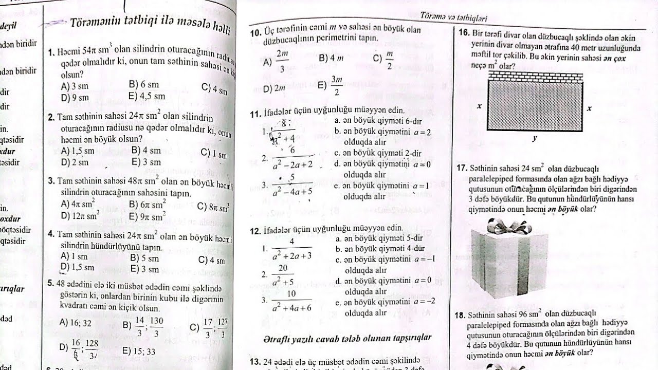 Törəmənin tətbiqi ilə məsələ həlli. Test toplusu-2019