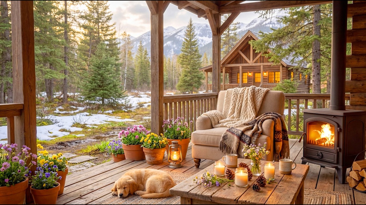 LIVE Cozy Mountain Cabin Fireplace 🌄 Spring Forest Sunset for Sleep & Relaxation