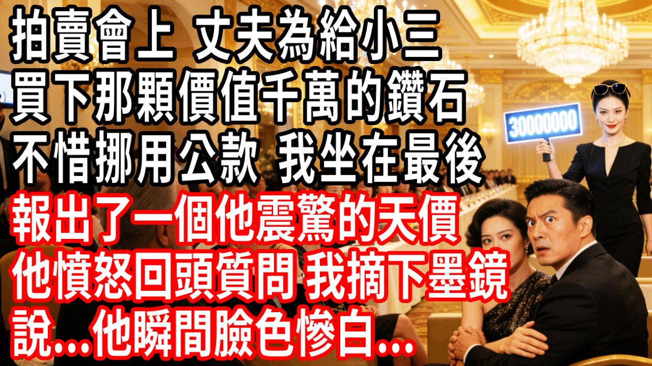 拍賣會上，丈夫為給小三買下那顆價值千萬的鑽石，不惜挪用公款，我坐在最後，報出了一個他震驚的天價，他憤怒回頭質問，我摘下墨鏡說...他瞬間臉色慘白...#情感故事 #人生感悟 #生活经验