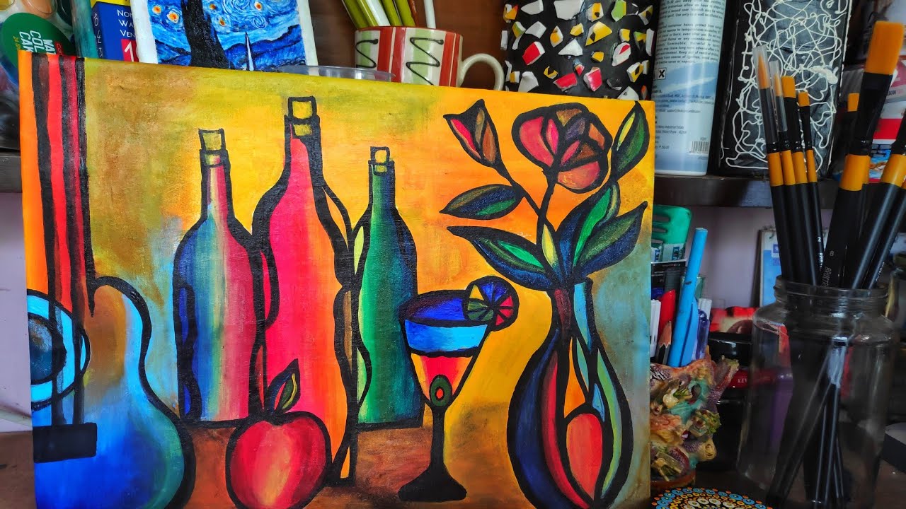 ABSTRACT STILL LIFE COMPOSITION TUTORIAL|| ACRYLIC PAINTING ON HOMEMADE CANVAS