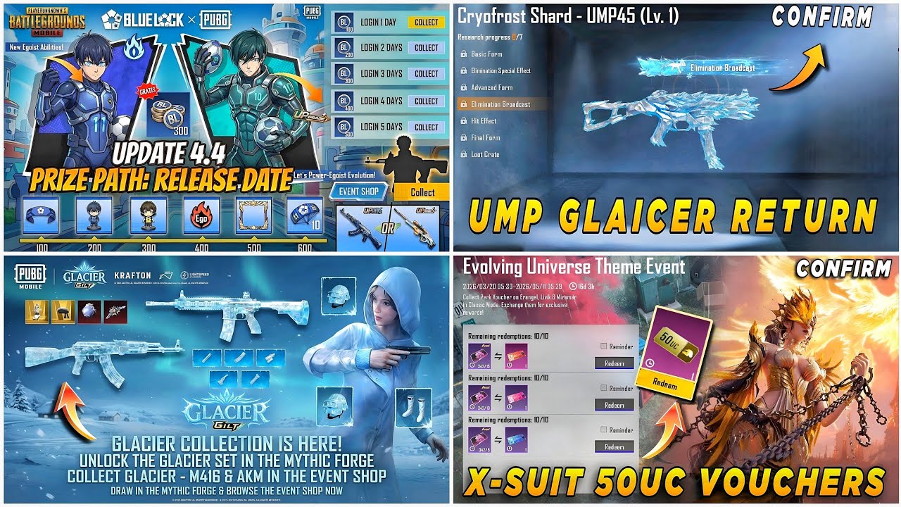 🔴 BLUE LOCK PRIZE PATH REWARDS 🔥 GLACIER UMP RETURN 🤩 M416 GLACIER IN LUCKY SPIN ✅ X-SUIT VOUCHERS ❌