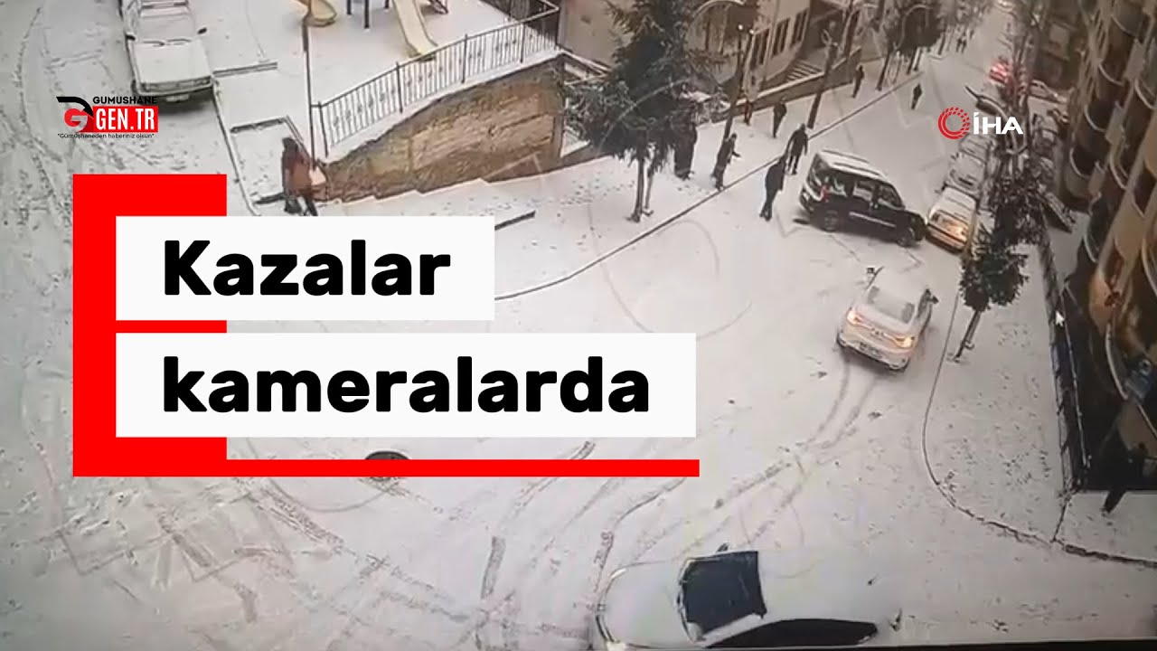 G&uuml;m&uuml;şhane'de buzlu yolda yokuş aşağı kayan ara&ccedil;lar kamerada