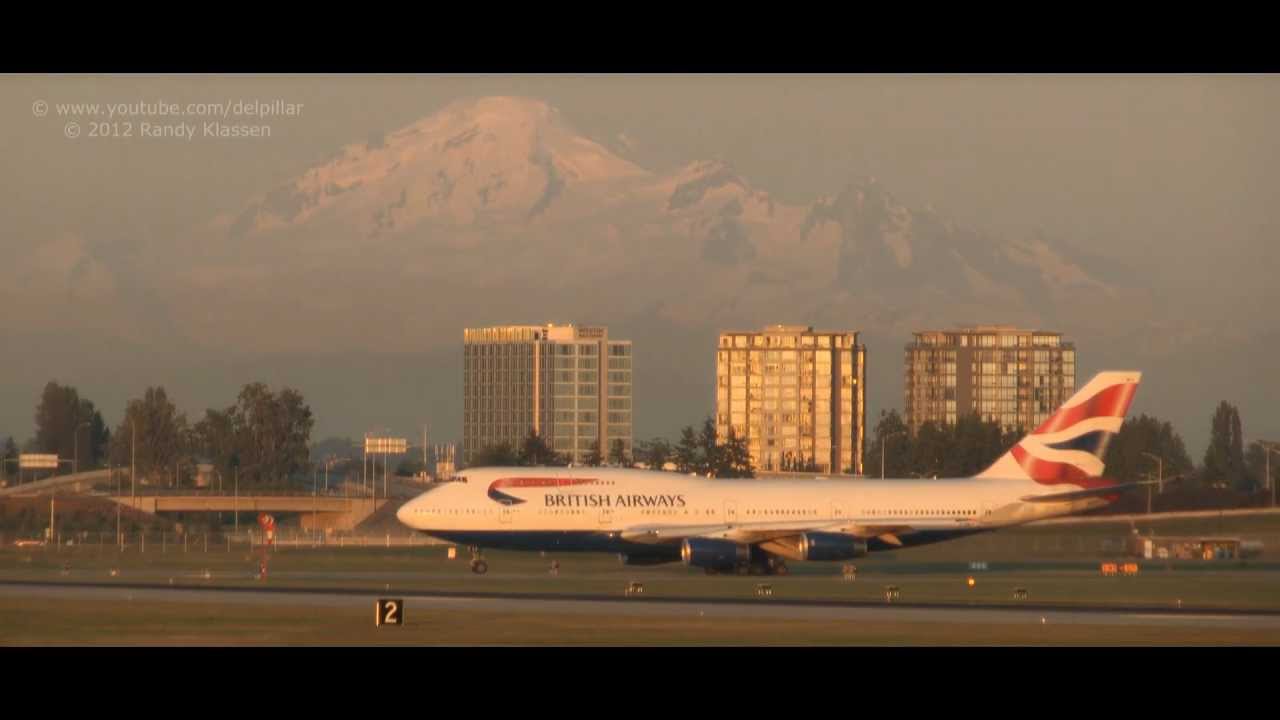 British Airways B747-400 sunset takeoff at YVR