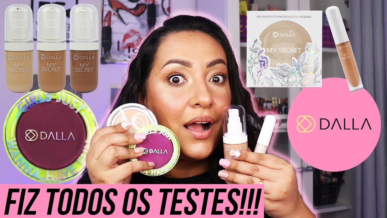 Testei a NOVA Linha da DALLA My Secret + Blush ROXO | Base de Alta Cobertura, Corretivo, Pó e Blush