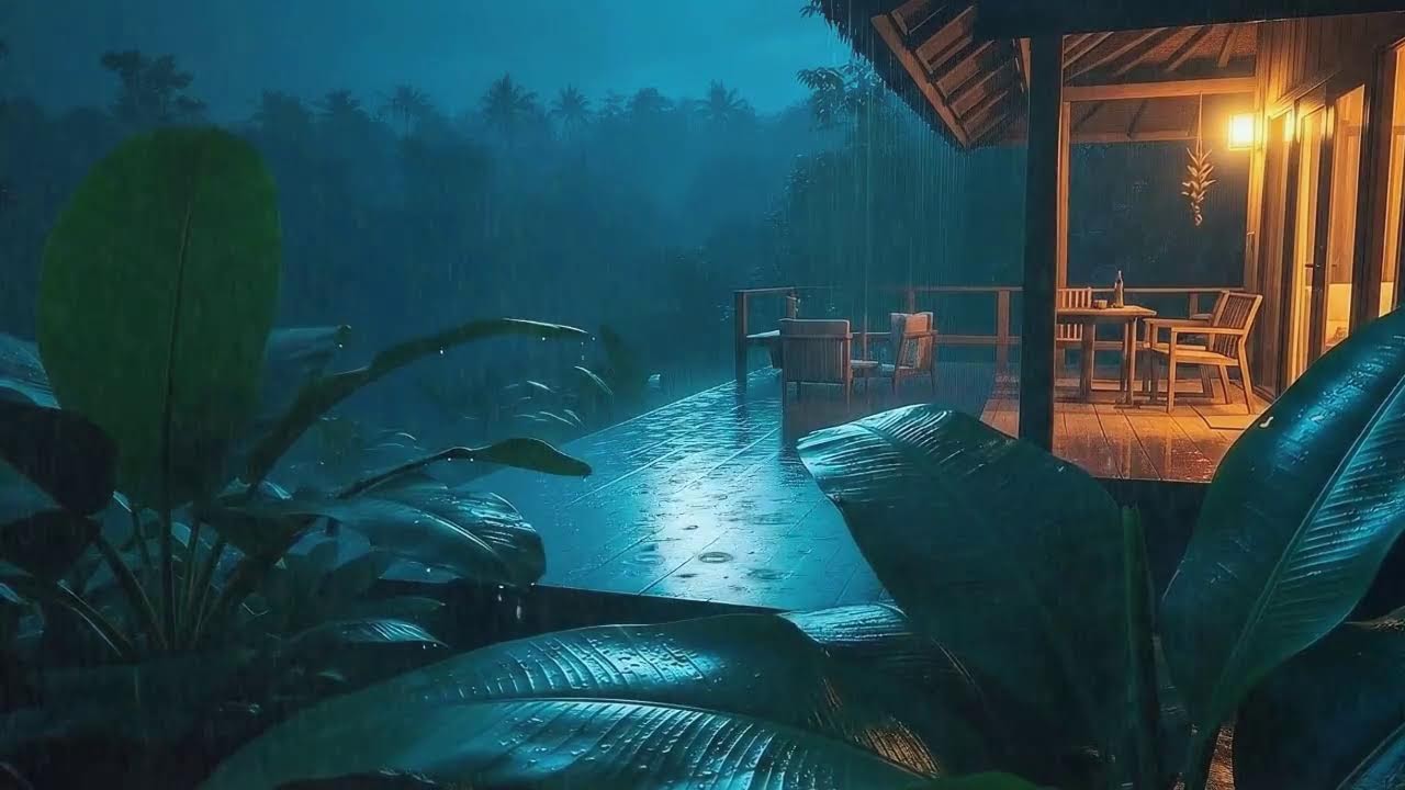 Instant Sleep with Steady Rain Sounds and Low Rumble at Wooden Cabin Terrace 🌧️