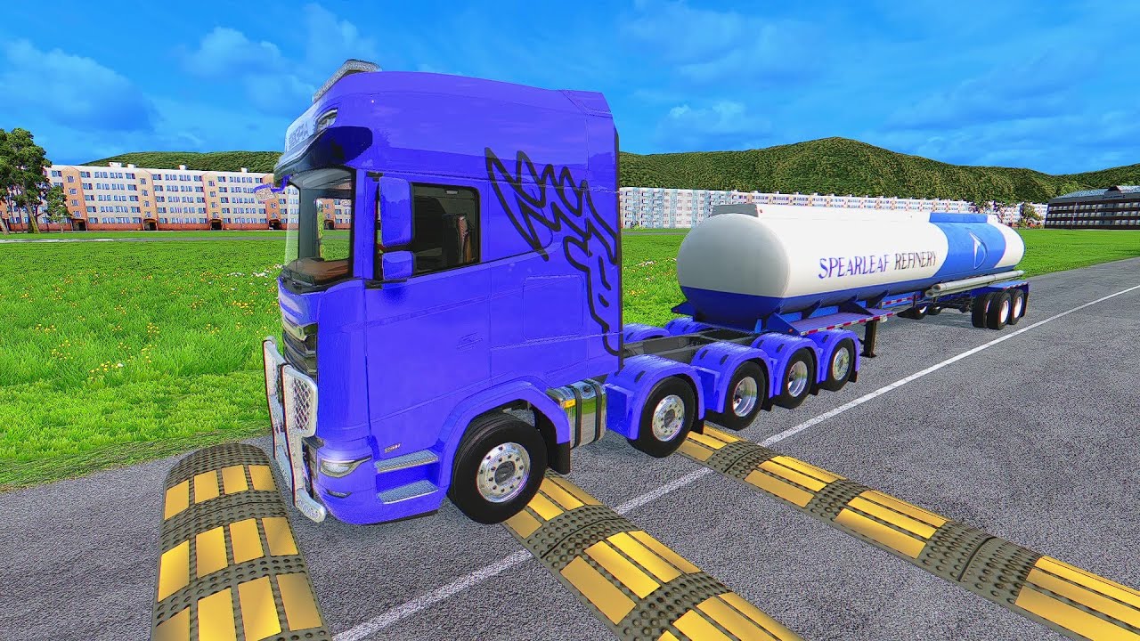 TRUCKS, LONG BUS, SCHOOL BUS Vs MASSIVE SPEED BUMPS - BeamNG.Drive