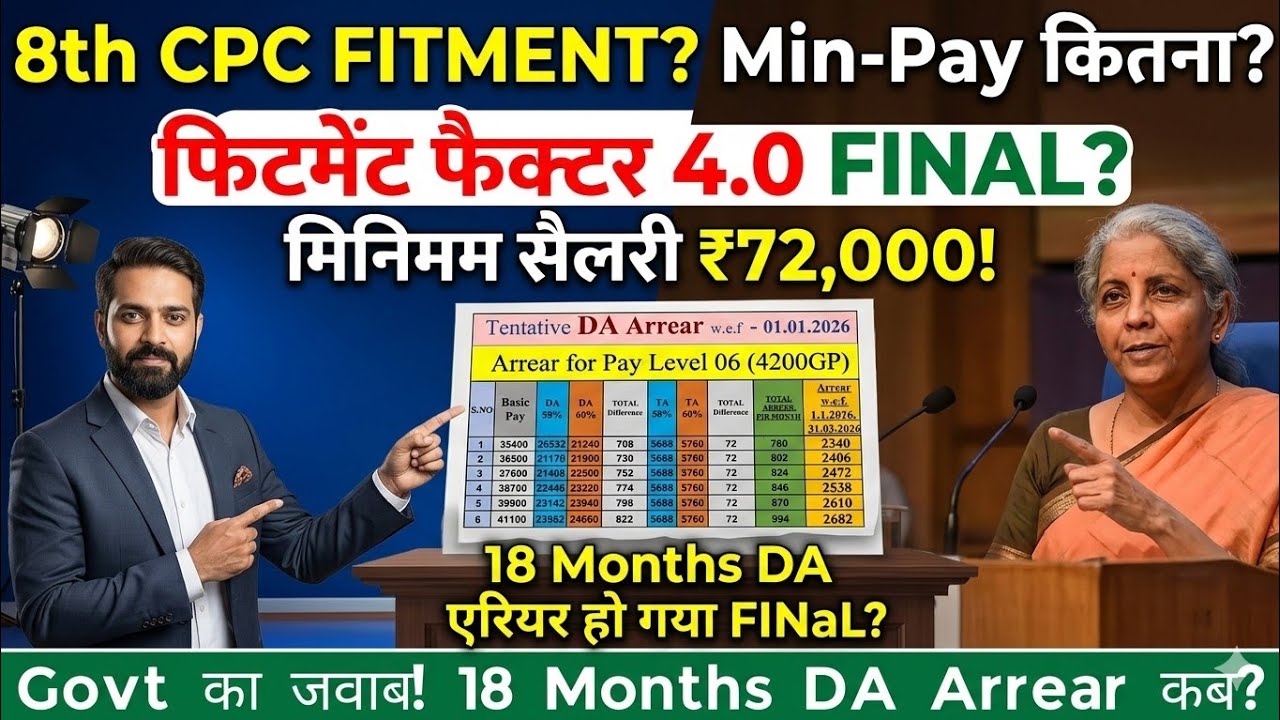 8TH CPC FITMENT 4.0 और MIN-BASIC ₹72000 FAM-UNIT-5 DA मर्ज 18 महीने DA-DR ARREARs GOVT-आदेश @ATARLLB