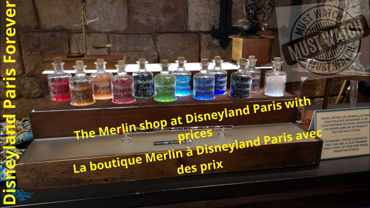 The Merlin shop at Disneyland Paris with prices, la boutique Merlin à Disneyland Paris avec des prix