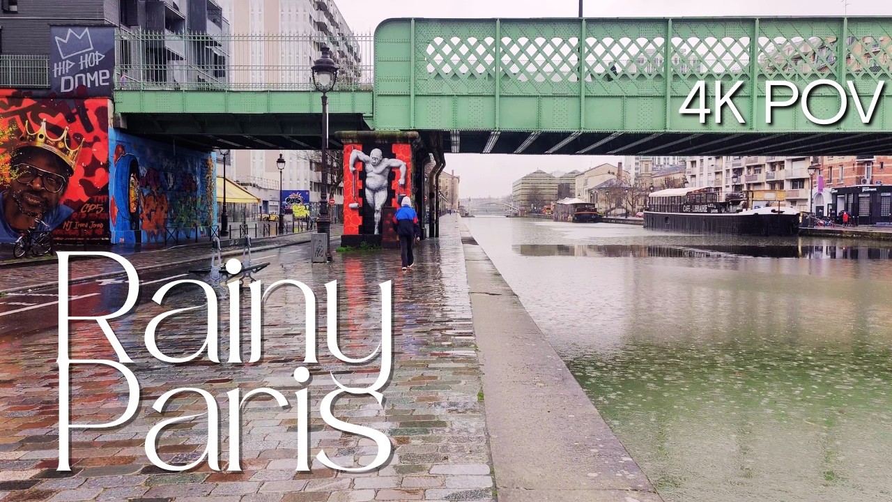 [4K] POV Rainy Stroll in Paris 19th – Canal Ourcq Street Art & Puddles Ambience (February 2026)