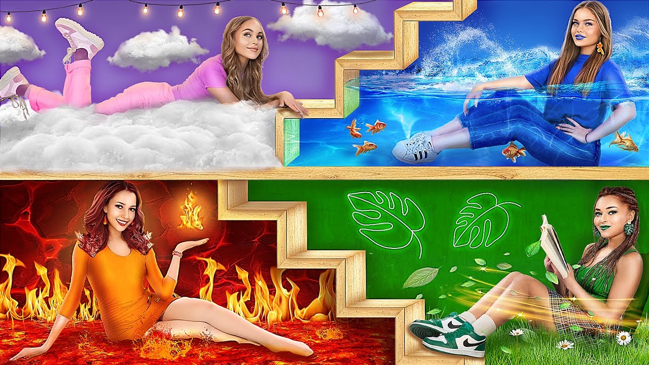 Four Elements Build a Bunk Bed! Fire Girl, Water Girl, Air Girl and Earth Girl
