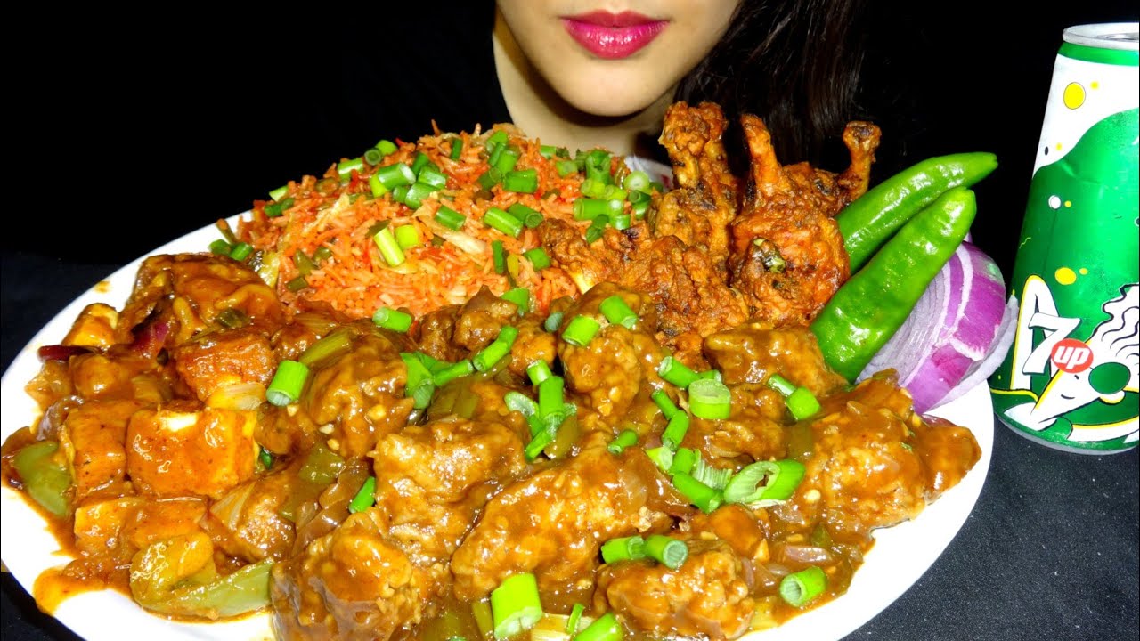 ASMR:Eating Schezwan Fried Rice+ Chicken Manchurian + Chilli Paneer + Chicken Lollipop