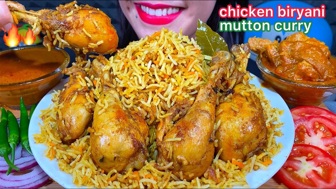 ASMR SPICY CHICKEN BIRYANI, MUTTON CURRY, CHILI, ONION, TOMATO MASSIVE Eating Sounds