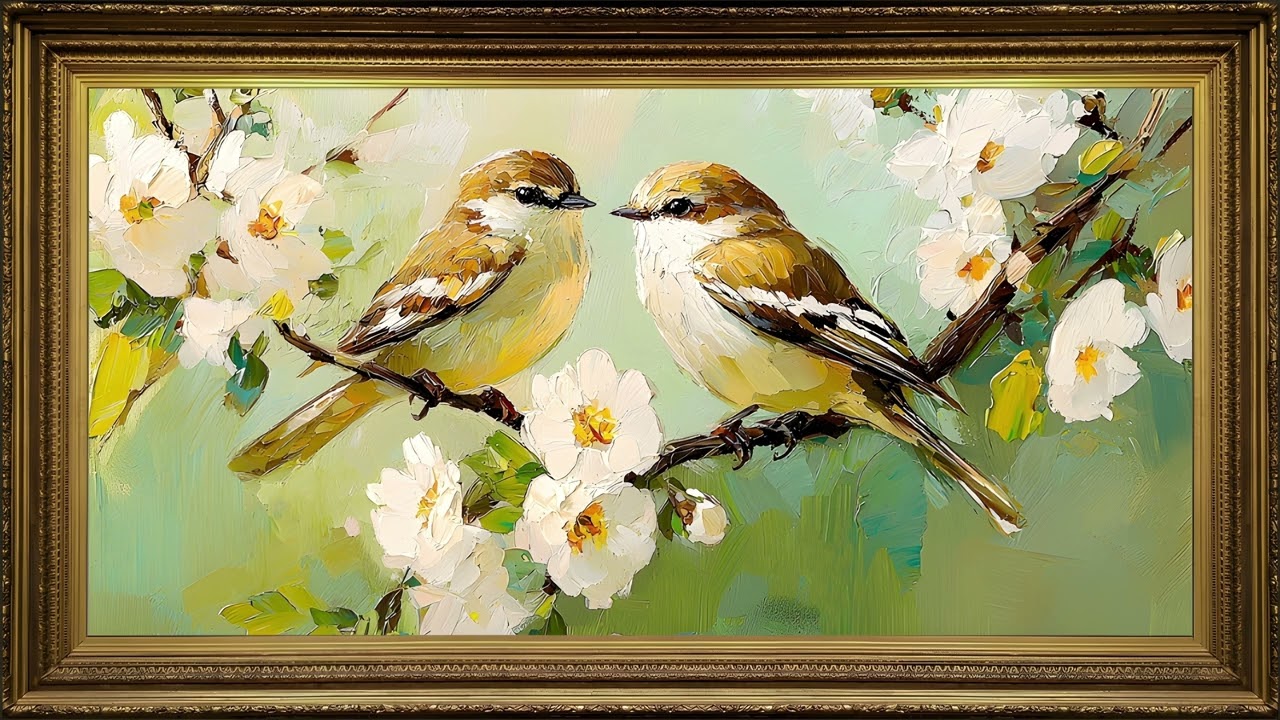 Sparrows in Springtime, Vintage Impressionist Oil Painting | Gold Framed TV Art Screensaver
