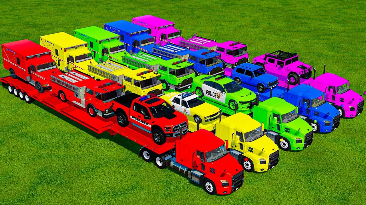 TRANSPORTING POLICE CARS, FIRE TRUCKS & LIFEGUARD VEHICLES WITH MACK TRUCKS! Farming Simulator 22
