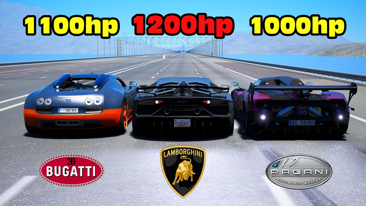 1200HP Lamborghini Aventador SVJ vs Bugatti Veyron vs Pagani Zonda DRAG RACE