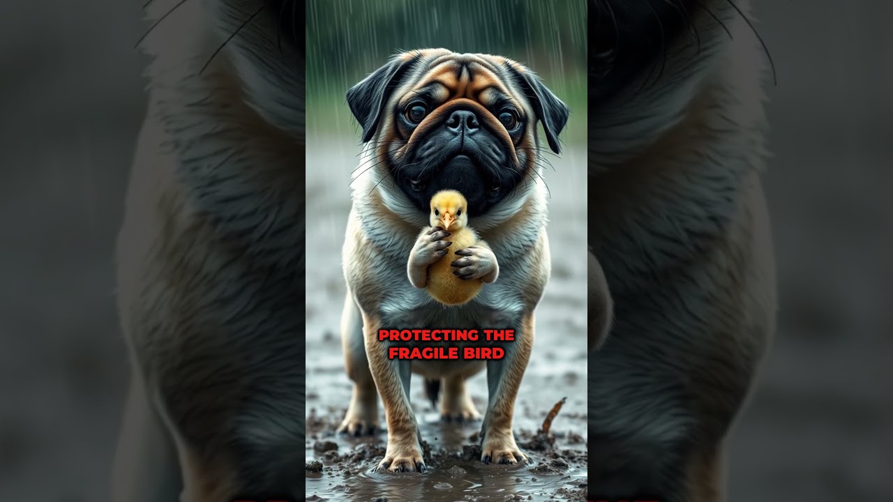 Poor chick was lost in the storm, pug carried him home through the marsh 🐥 🐶 #rescue #cute #animal
