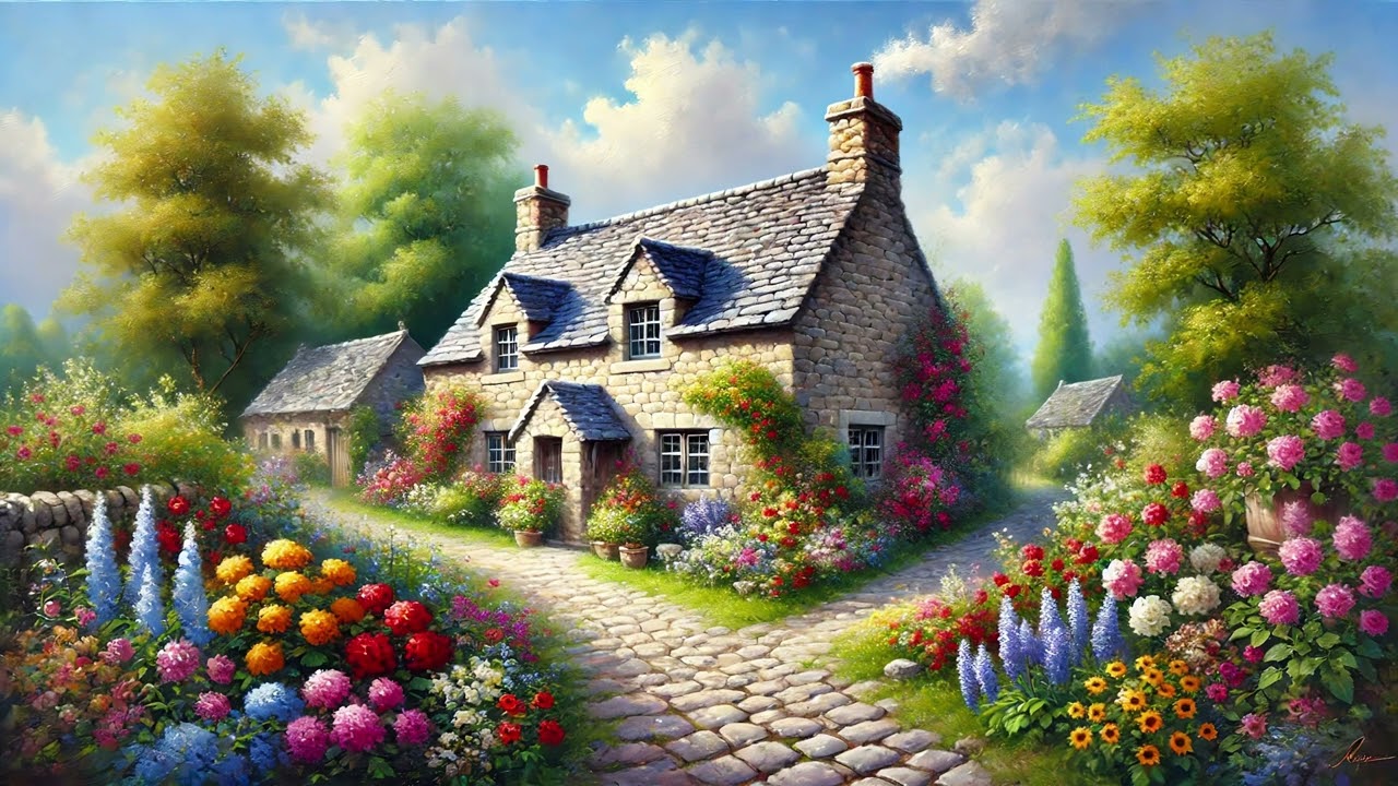 🏡 Spring Flowers Cottage - Oil Painting | 4K TV ART Backdrop | Whimsical Stone Cottage