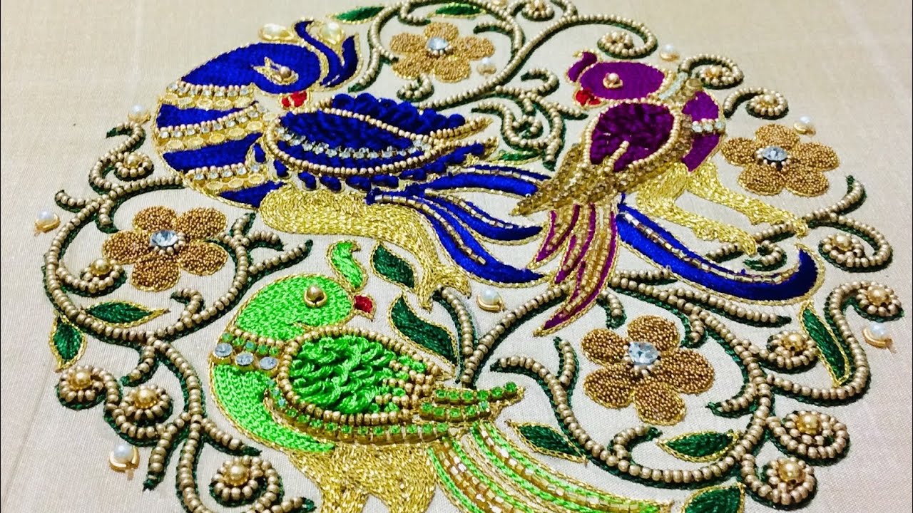 Peacock and parrot embroidery