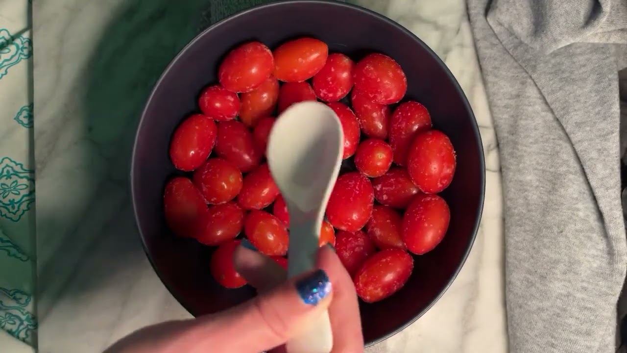 Frozen Cherry Tomatoes in a Plastic Bowl Stirred with Ceramic Spoon [ASMR]