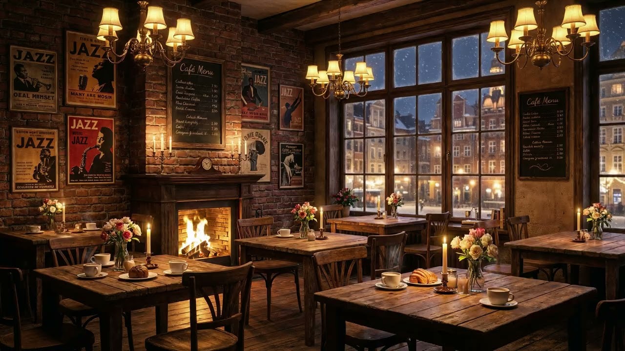 Warm Jazz Café On A Snowy Night ☕ Fireplace & Slow Jazz Trio Ambience