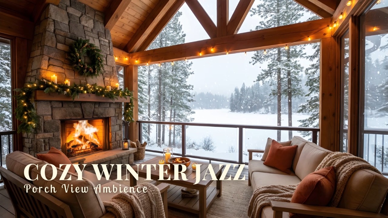 Cozy Winter Lake Porch Jazz with Fireplace 🔥| Snowy Forest Ambience