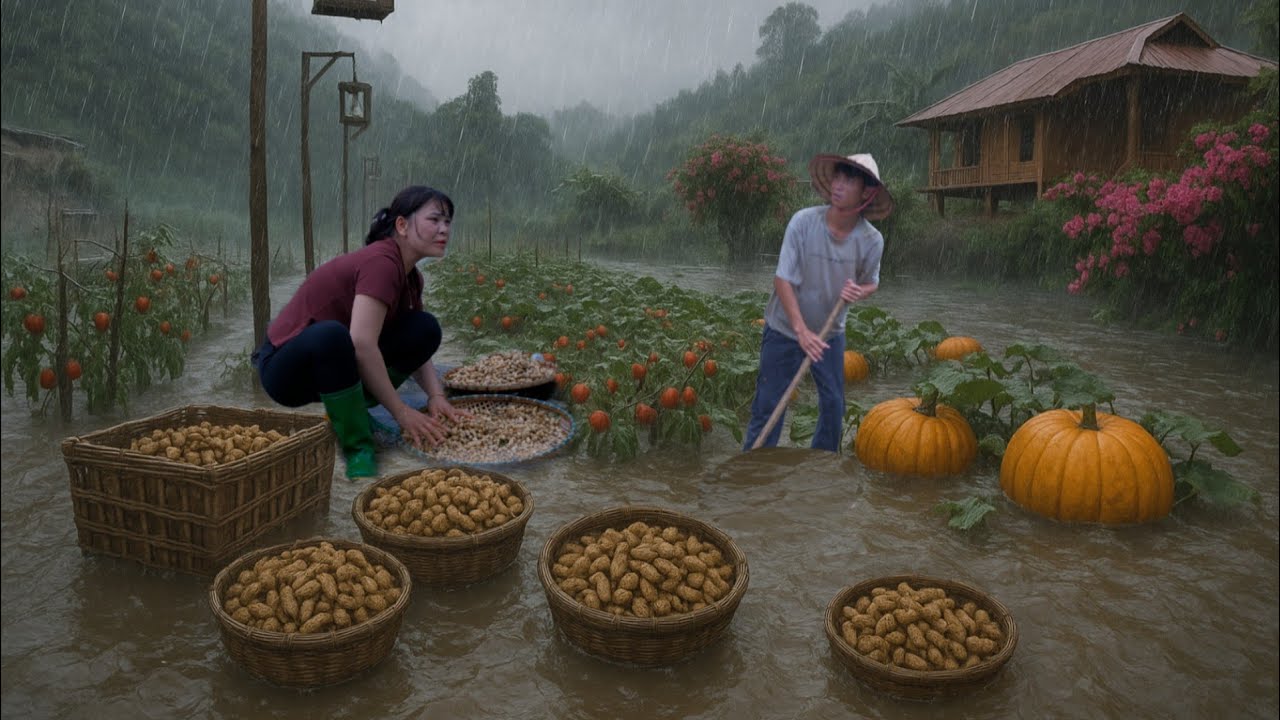 Жизнь без электросети во время сильного дождя: сбор арахиса и спасение затопленной фермы!