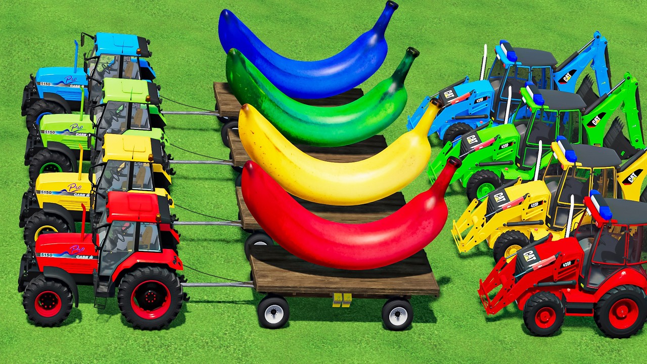TRANSPORT HUGE BANANA  WITH CASE TRACTORS & WOODEN TRAILERS & CAT LOADERS! FS22