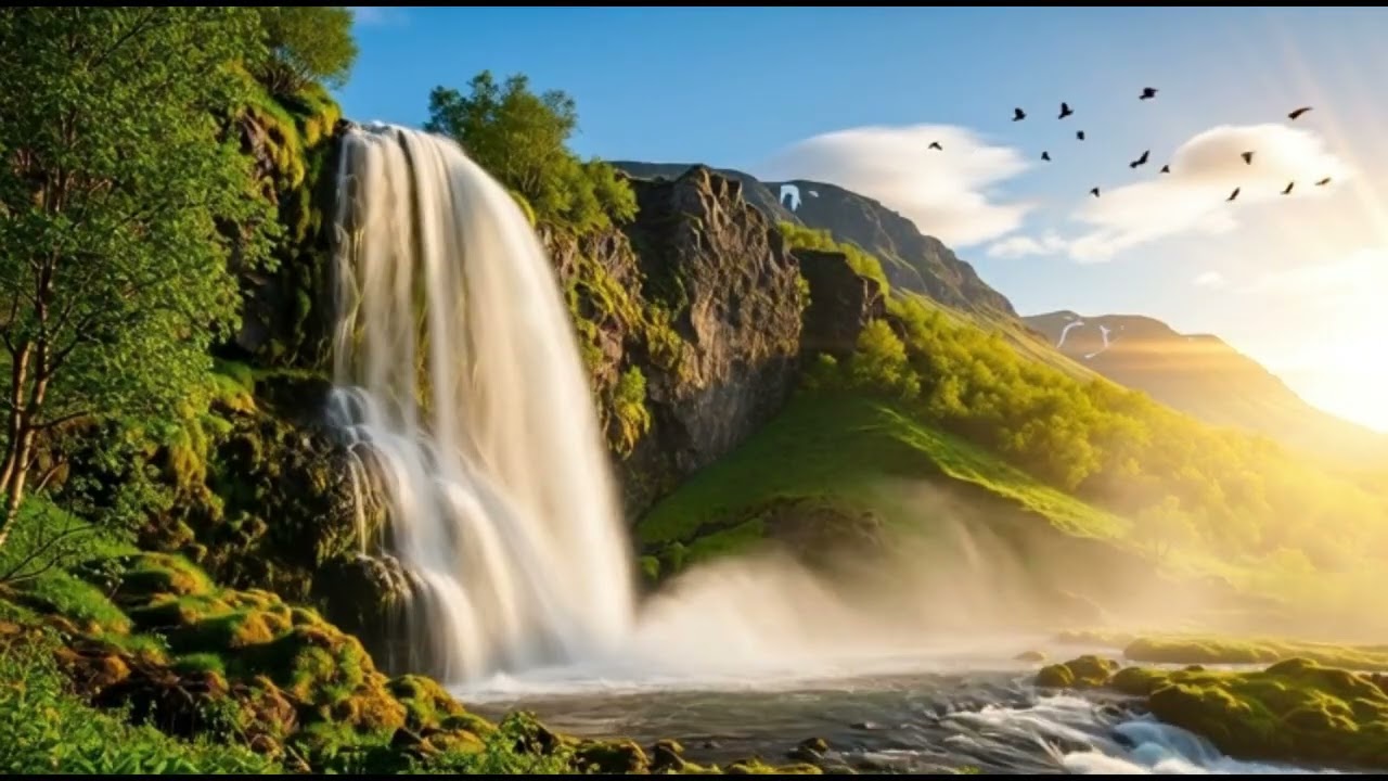 Water flowing down from the mountain, beautiful scenery, mixed with music, stress relief.