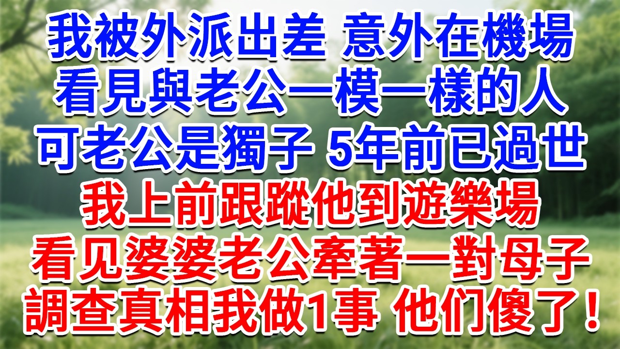我被外派出差意外在機場，看見與老公一模一樣的人，可老公是獨子5年前已過世，我上前跟蹤到遊樂場，婆婆老公牽著一對母子，調查真相後我傻眼了！#為人處世#生活經驗#情感故事#故事#小說#戀愛#情感#婚姻