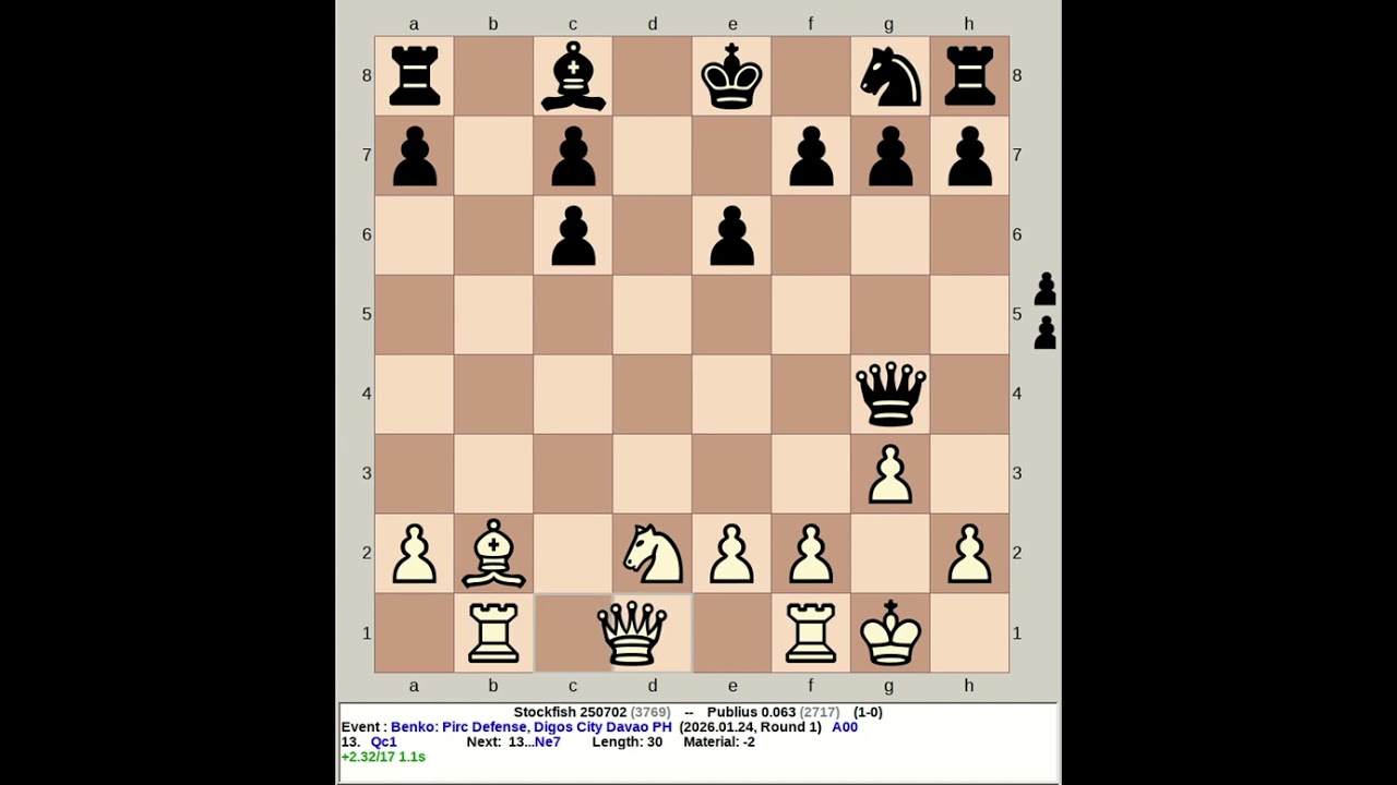 Stockfish 250702 vs Publius 0.063 | Benko: Pirc Defense #chess