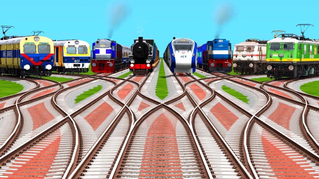 🐝VIII Trains Passing At Curves Branches Railroad Tracks | Best Indian Train Games | indian railways