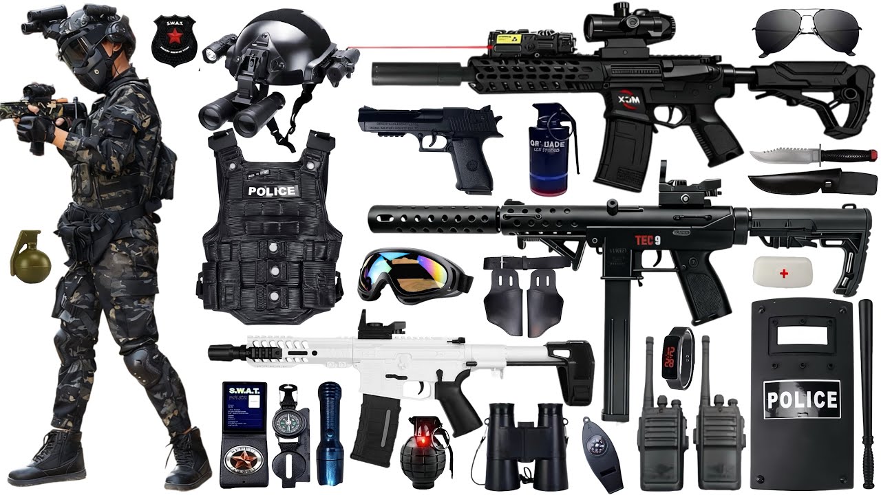 Unboxing special forces set toys, including MCX, AR15, SLR assault rifles, grenades and shields.