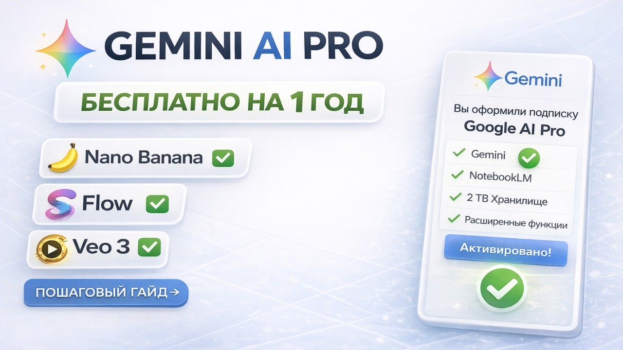 Gemini AI Pro бесплатно на 1 год. Показываю как получить Nano Banana, Flow, Veo3 пошагово