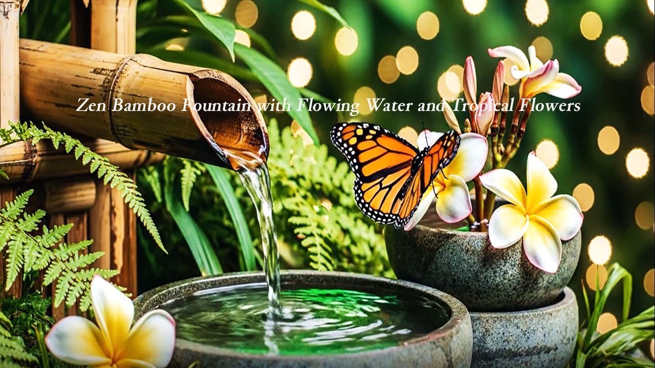 #Zen Bamboo Fountain with Flowing Water and Tropical Flowers
