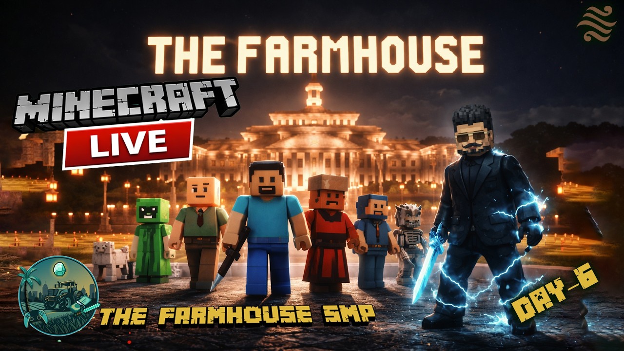 🔴 LIVE | Farmhouse SMP Day 6 &ndash; Building IRON FARM + City Bank RP in Minecraft! #samatva #thefarmer