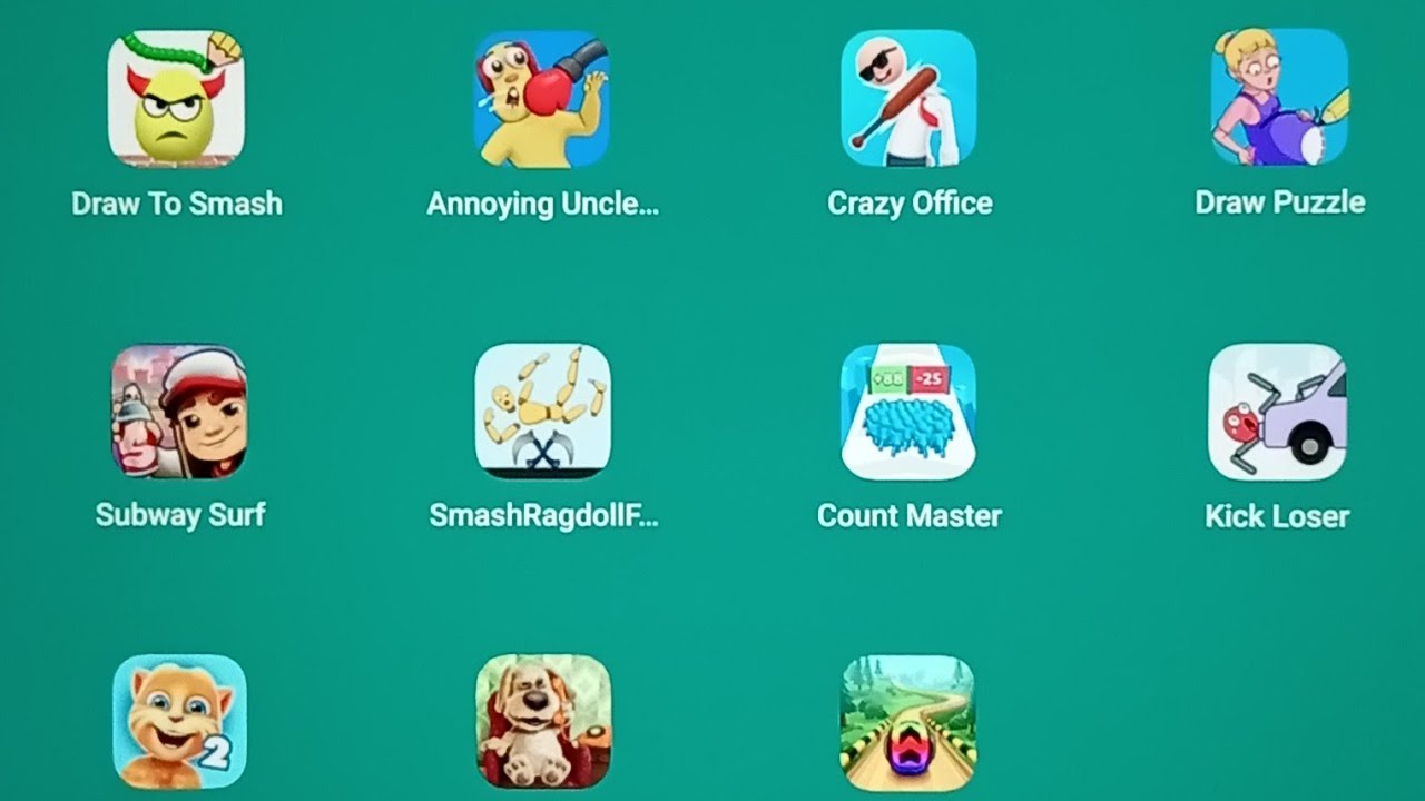 Subway Surfers, Annoying Uncle, Crazy Office, Draw To Smash, Talking Ginger2, Count Master, 