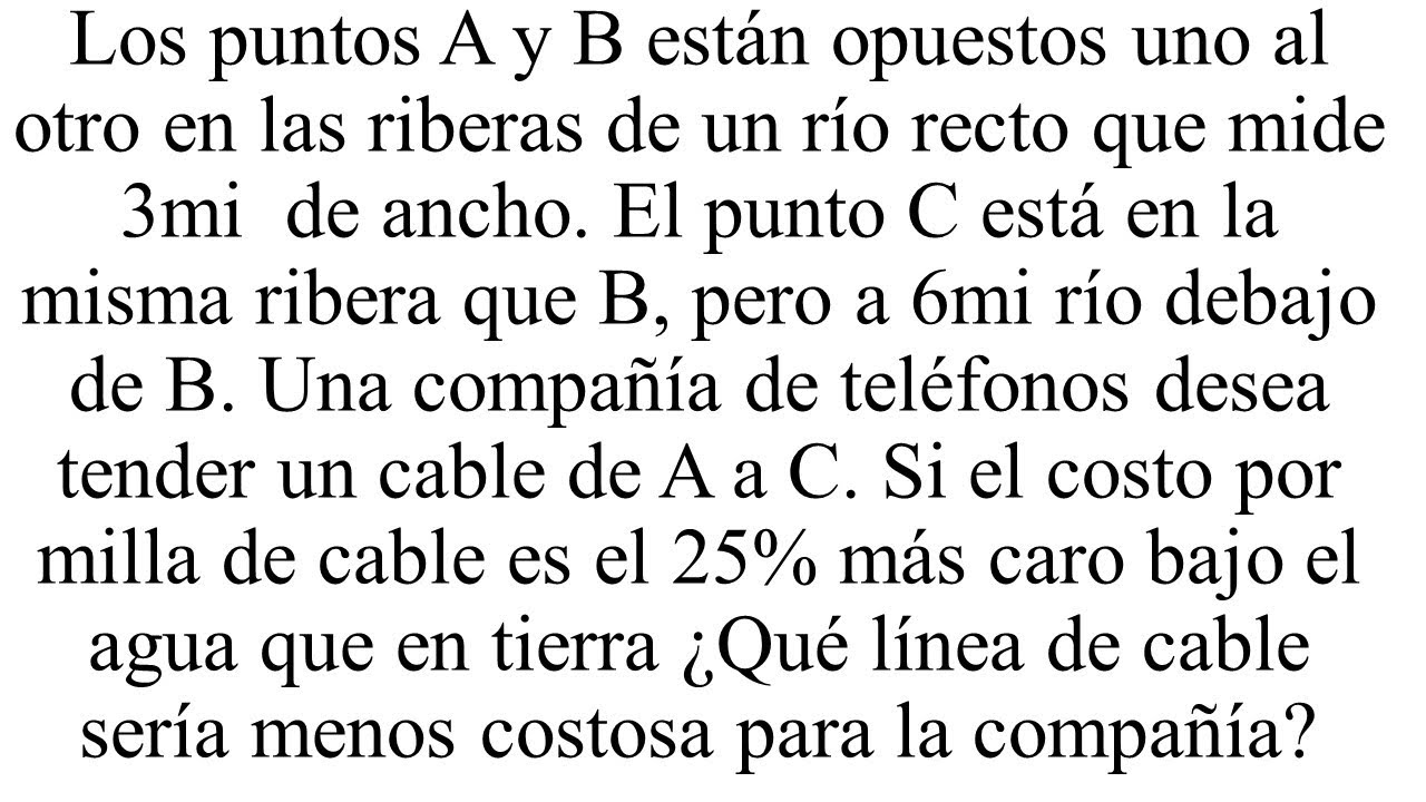 COSTO MINIMO DE TENDER UN CABLE CRUZANDO UN RIO - PROBLEMA DE MAXIMOS Y MINIMOS CON DERIVADAS