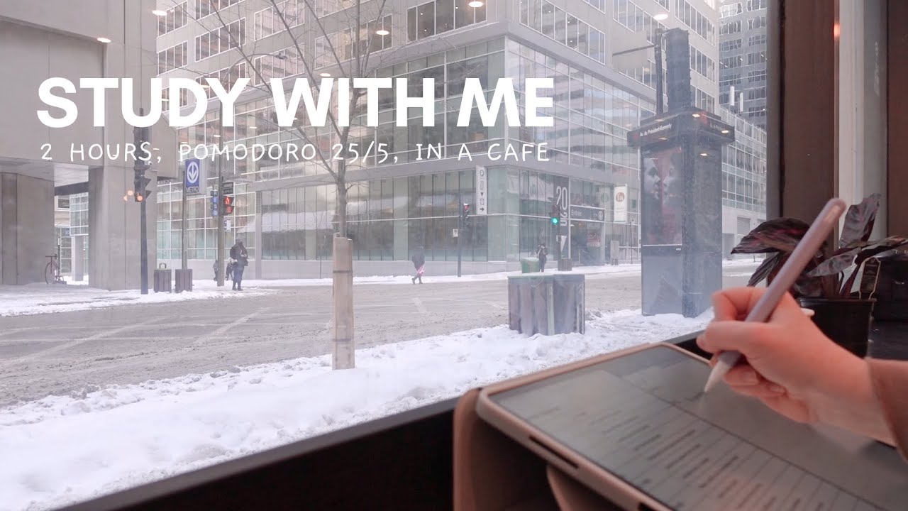 2-HOUR STUDY WITH ME in a Cafe + Snow ❄️ Pomodoro 25/5 with timer [no music]