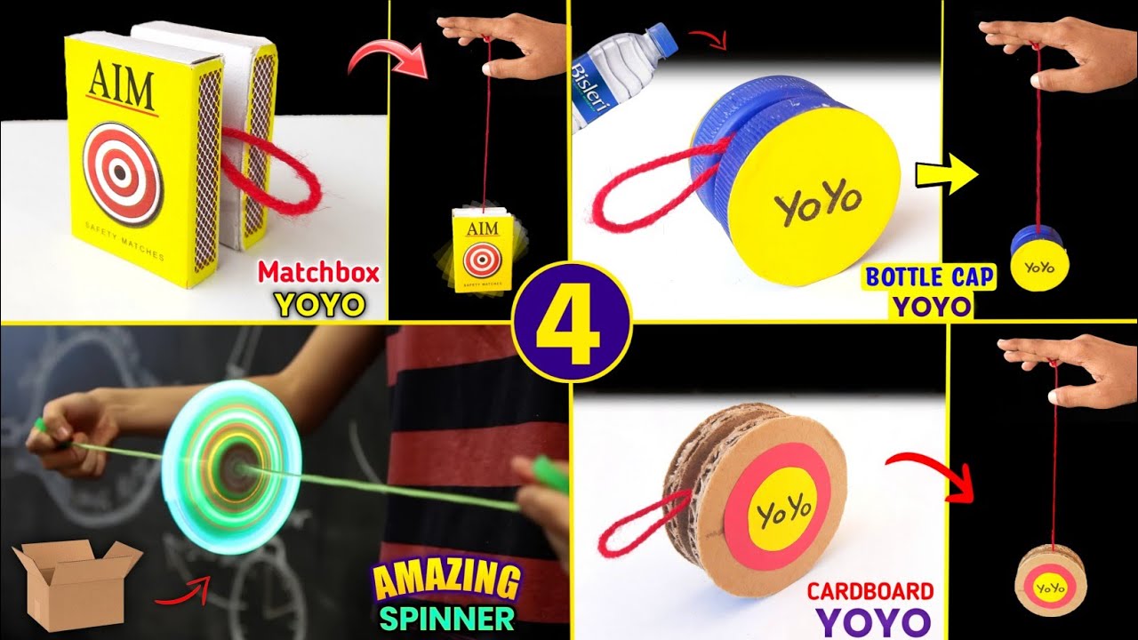4 amazing spinning toy , how to make yoyo at home , cardboard yoyo making , bottle cap yoyo making