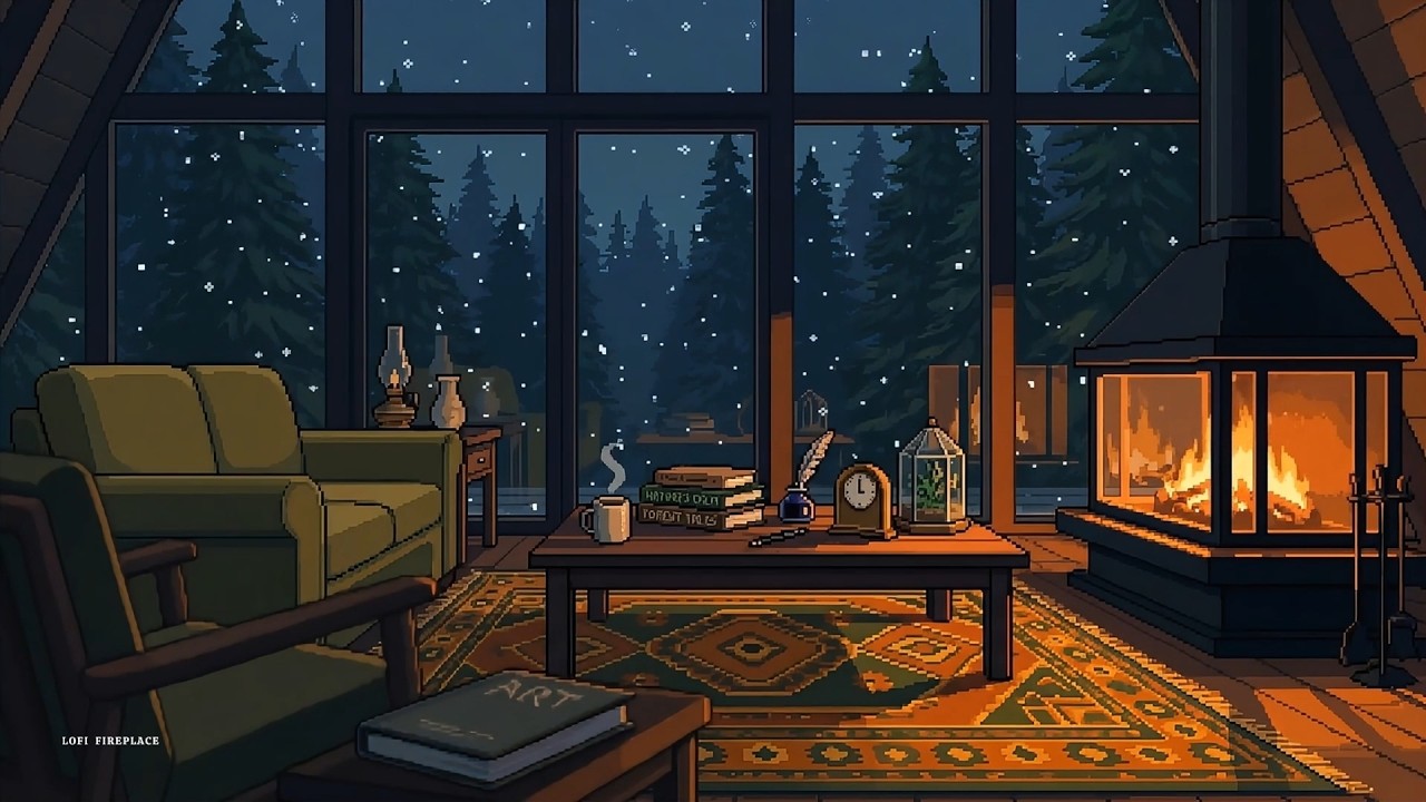Snowy Night Cabin Fireplace ❄️🔥 Cozy Lofi & Crackling Fire Sounds for Study / Relax