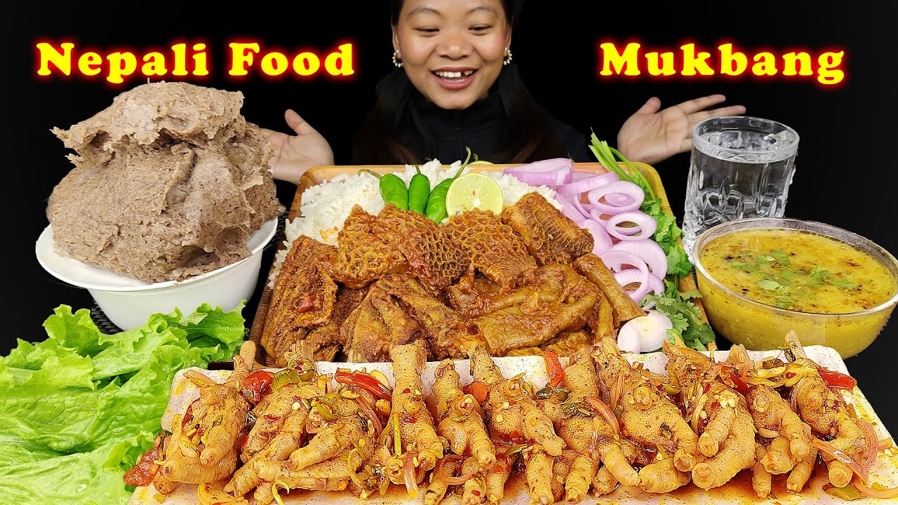 Nepali Food Mukbang, Eating Dhido With Spicy Chicken Feet Salad, Buffalo Tripe/Innards, Eating Show