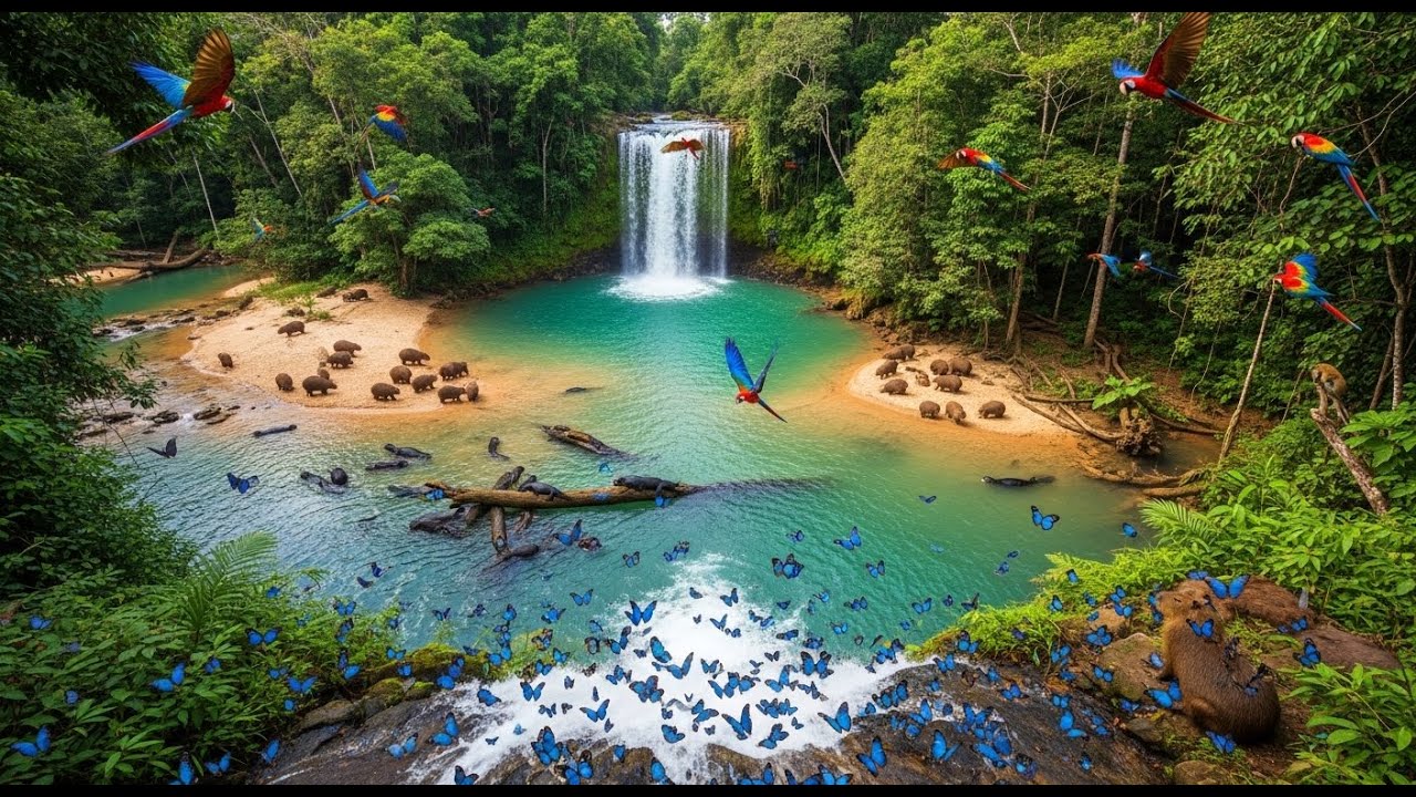 Relaxing Walk in the Amazon: Secret Waterfall Echoes | Blue Morpho Butterflies in Rain (4K ASMR)