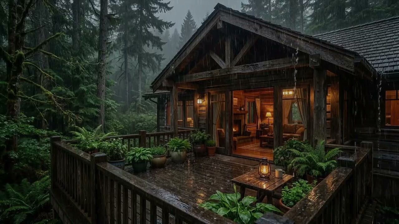 Heavy Tropical Rainstorm 🌧️ Pouring Outside A Jungle Cabin Surrounded By Lush Palms 🌴