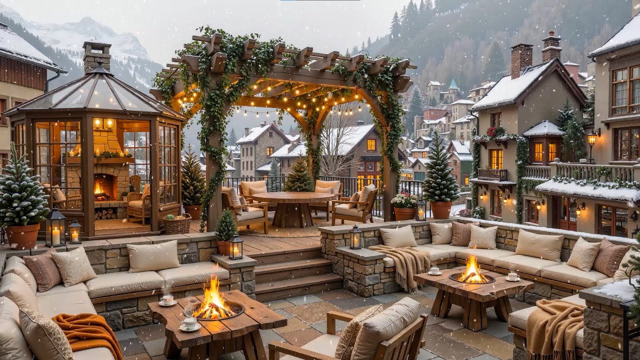 Winter Jazz Music | Snowy Café Terrace Ambience & Fireplace Glow for Calm & Jazz Instrumental