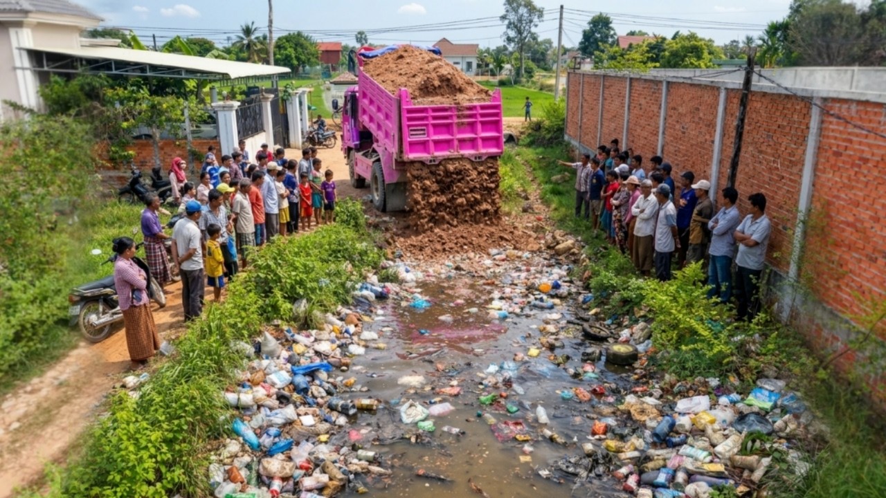 Completed100% Clear Water To Build New Road In Village by Bulldozer D31P Push & Dump Truck Loading D