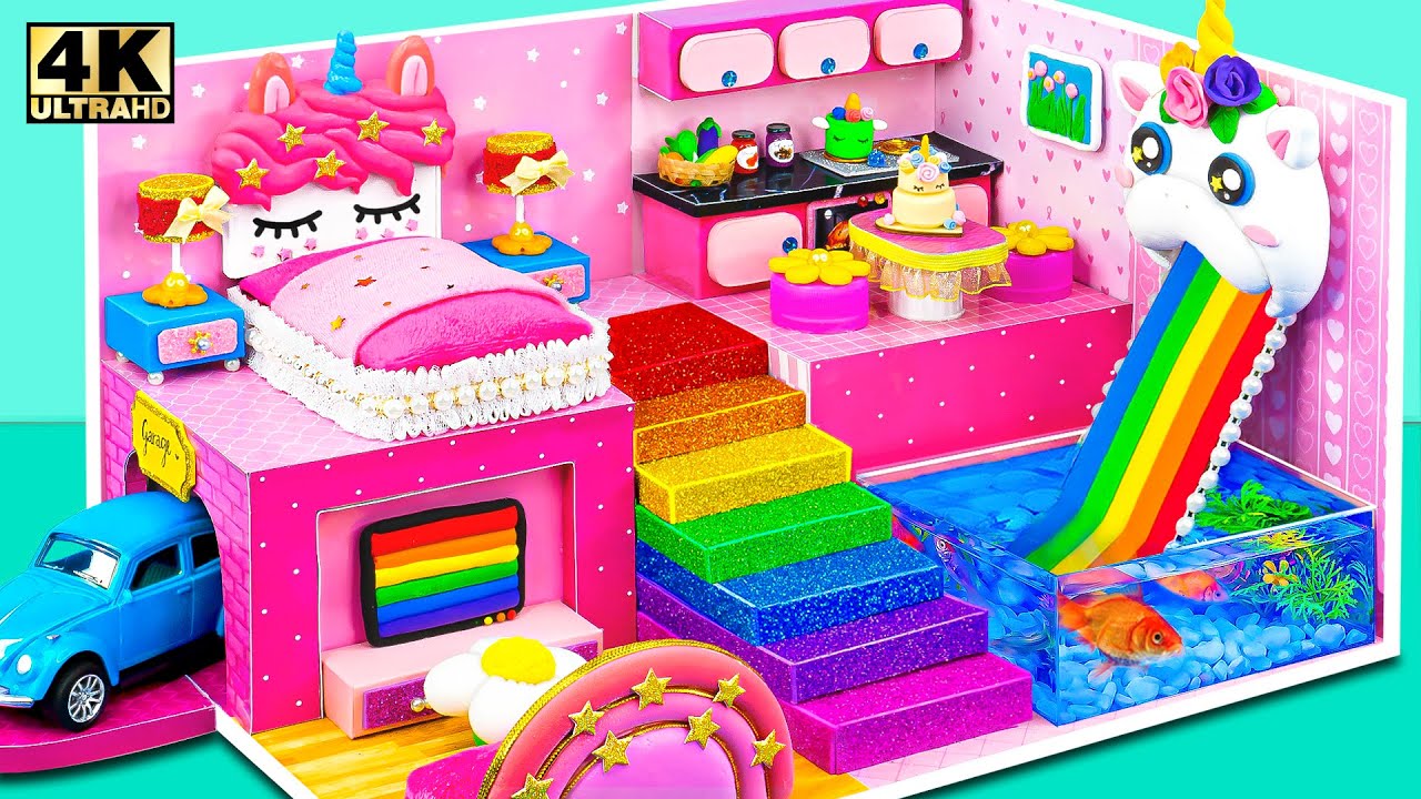 Build Pink Unicorn Miniature House with 5 Rooms, Aquarium from Polymer Clay ❤️ DIY Miniature House
